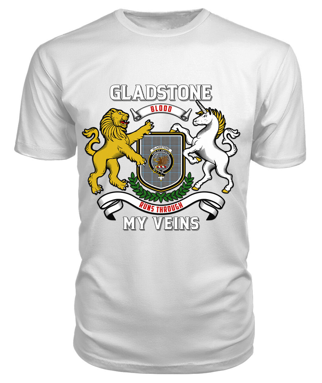 Gladstone Tartan Crest 2D T-shirt - Blood Runs Through My Veins Style