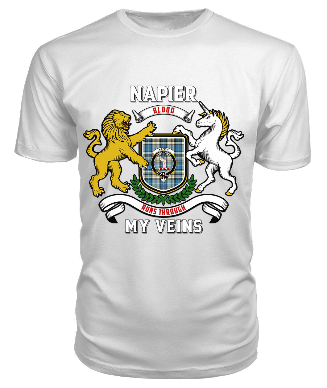 Napier Ancient Tartan Crest 2D T-shirt - Blood Runs Through My Veins Style