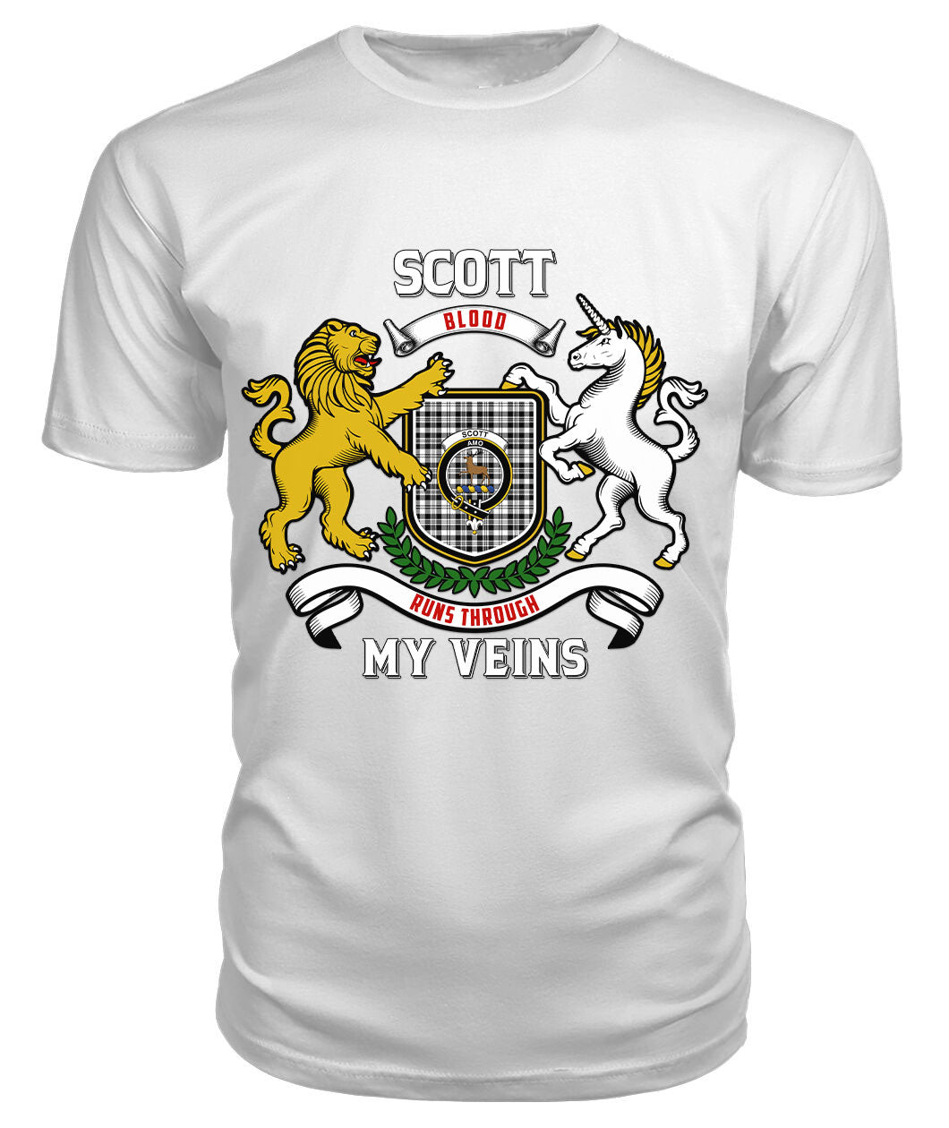 Scott Black & White Modern Tartan Crest 2D T-shirt - Blood Runs Through My Veins Style