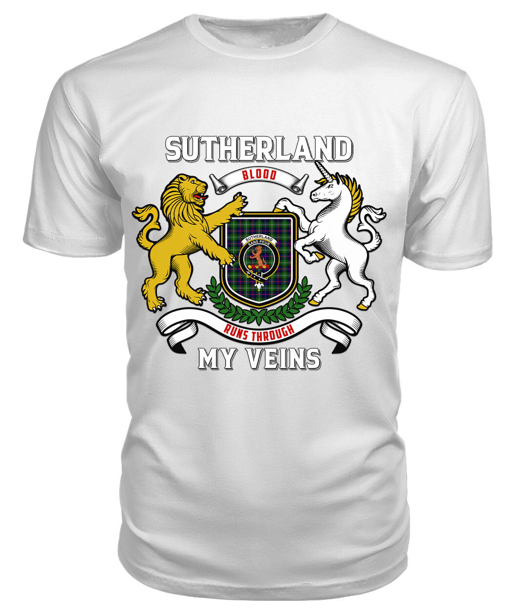 Sutherland Modern Tartan Crest 2D T-shirt - Blood Runs Through My Veins Style