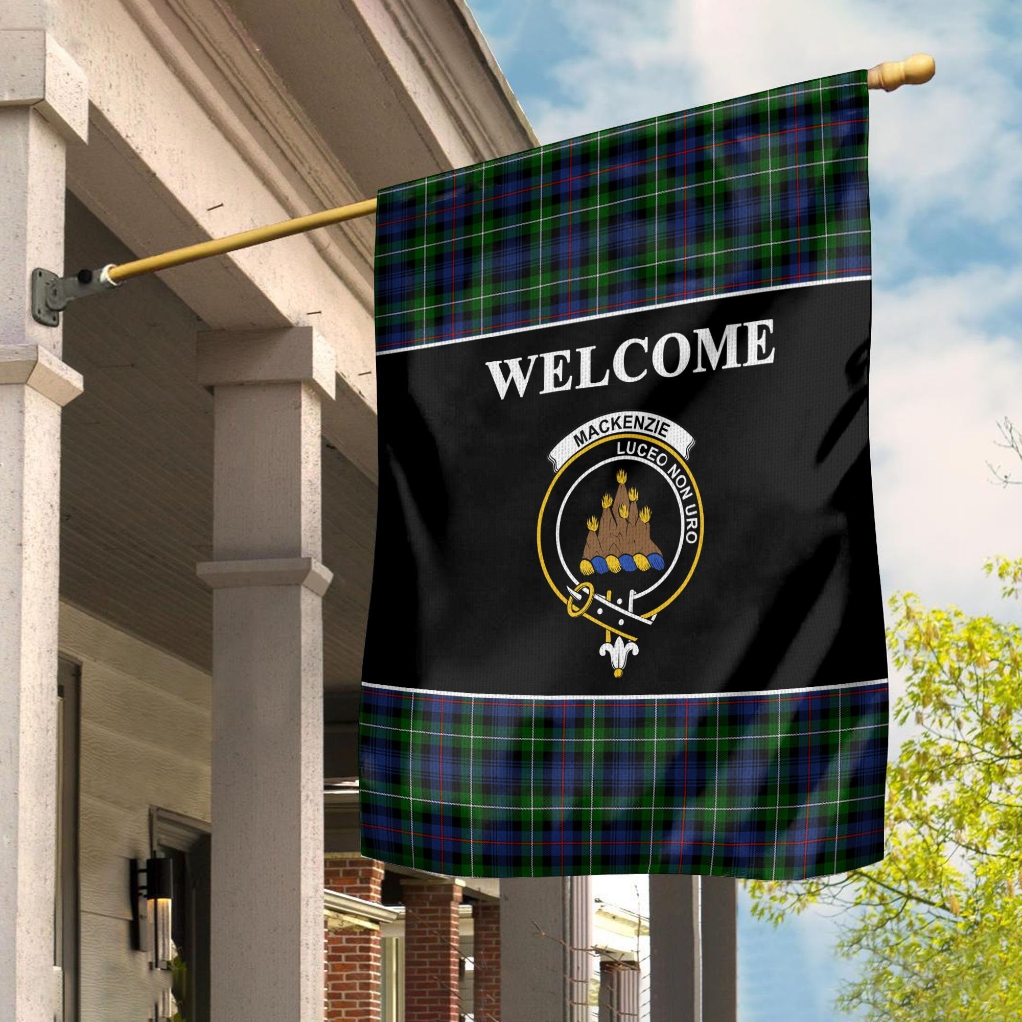 MacKenzie Tartan Crest Black Garden Flag