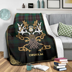 Chisholm Hunting Ancient Tartan Crest Premium Blanket - Celtic Stag style