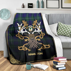 Hamilton Hunting Modern Tartan Crest Premium Blanket - Celtic Stag style