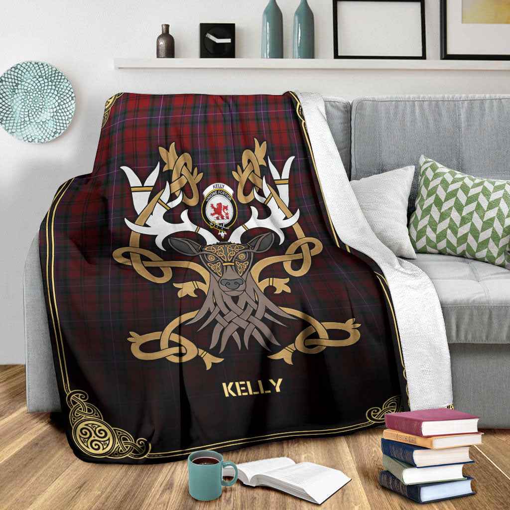 Kelly of Sleat Red Tartan Crest Premium Blanket - Celtic Stag style
