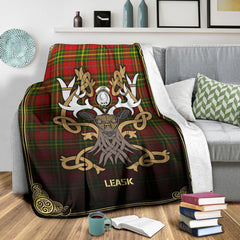 Leask Tartan Crest Premium Blanket - Celtic Stag style