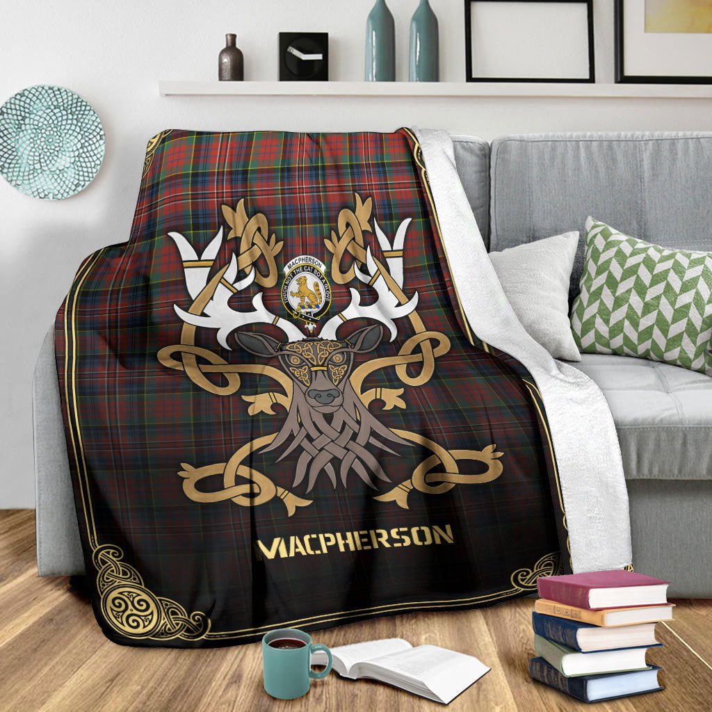 MacPherson Ancient Tartan Crest Premium Blanket - Celtic Stag style