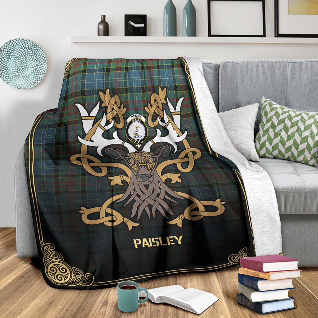 Paisley District Tartan Crest Premium Blanket - Celtic Stag style