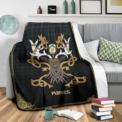 Purves Tartan Crest Premium Blanket - Celtic Stag style