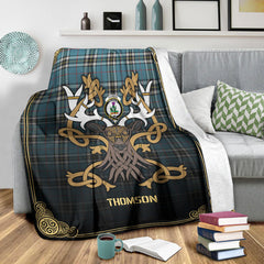 Thomson Blue Tartan Crest Premium Blanket - Celtic Stag style