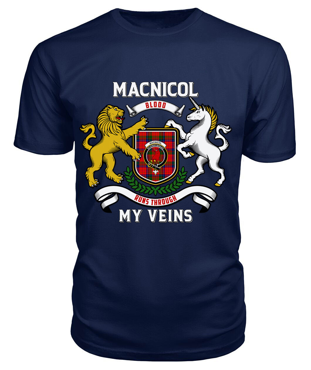 MacNicol (of Scorrybreac) Tartan Crest 2D T-shirt - Blood Runs Through My Veins Style