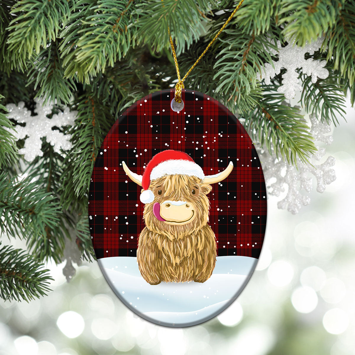 Cameron, Black & Red Tartan Christmas Ceramic Ornament - Highland Cows Style