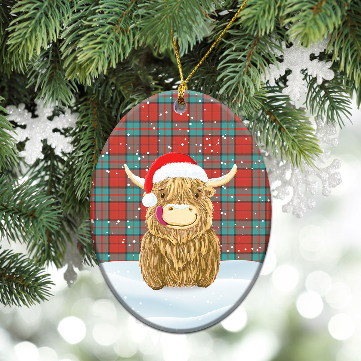 Dunbar Ancient Tartan Christmas Ceramic Ornament - Highland Cows Style