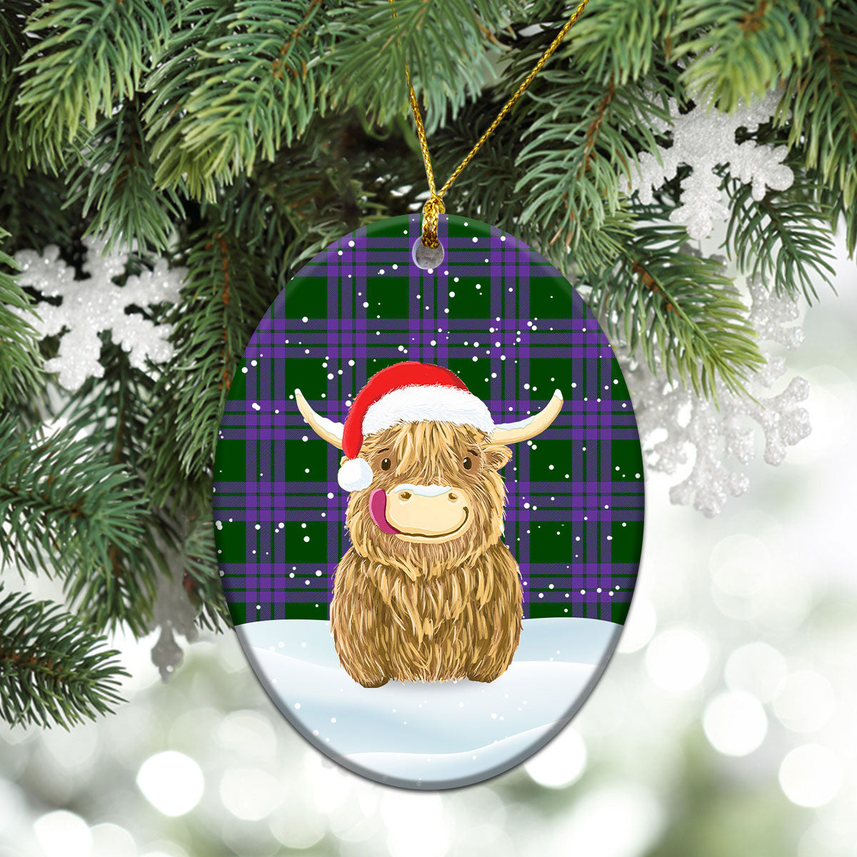 Elphinstone Tartan Christmas Ceramic Ornament - Highland Cows Style