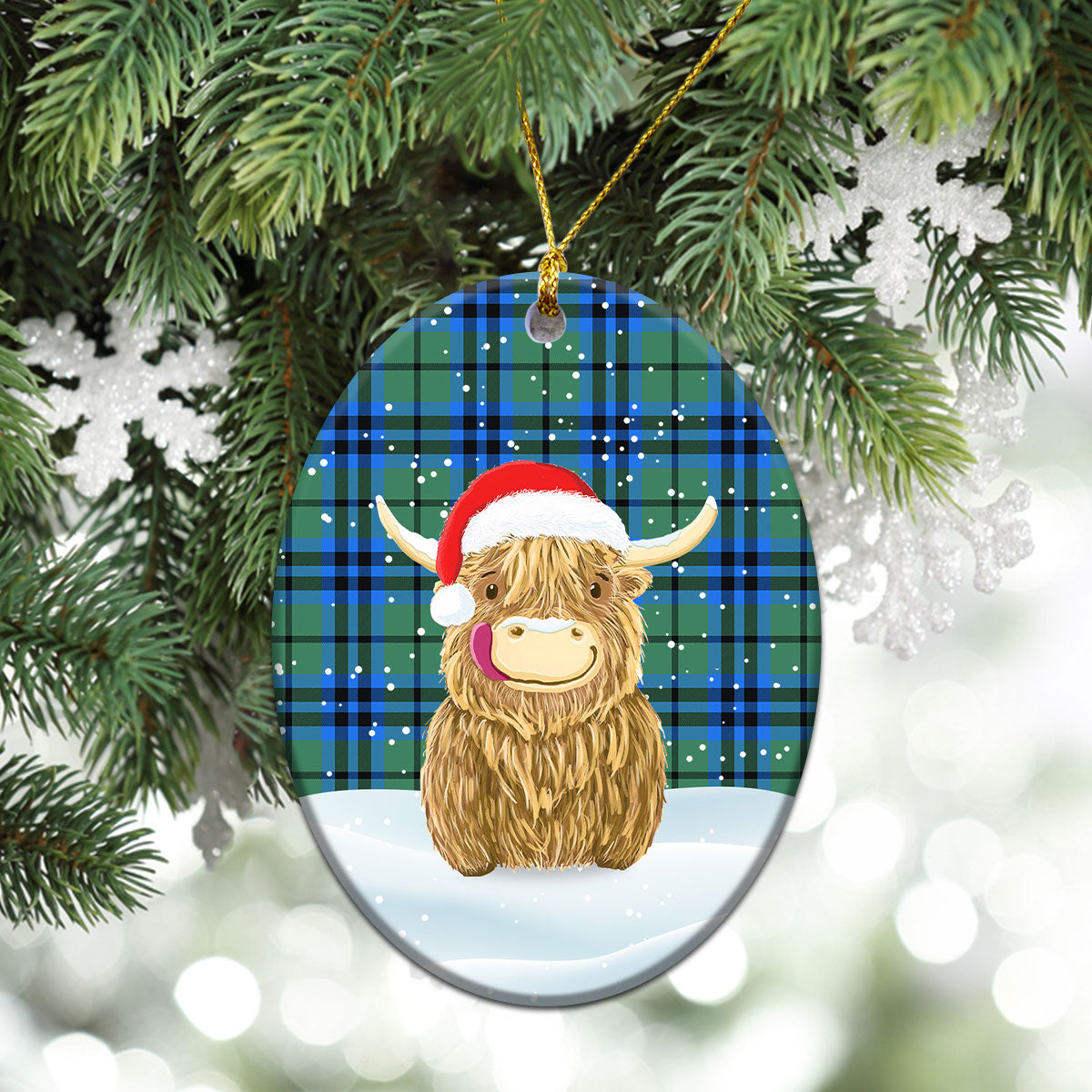 Falconer Tartan Christmas Ceramic Ornament - Highland Cows Style