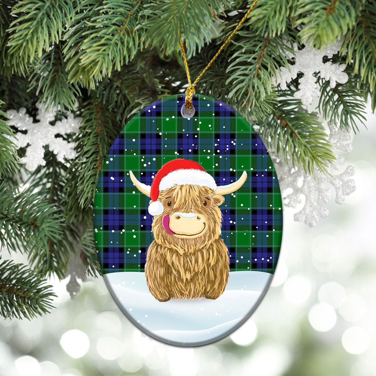 Haldane Tartan Christmas Ceramic Ornament - Highland Cows Style