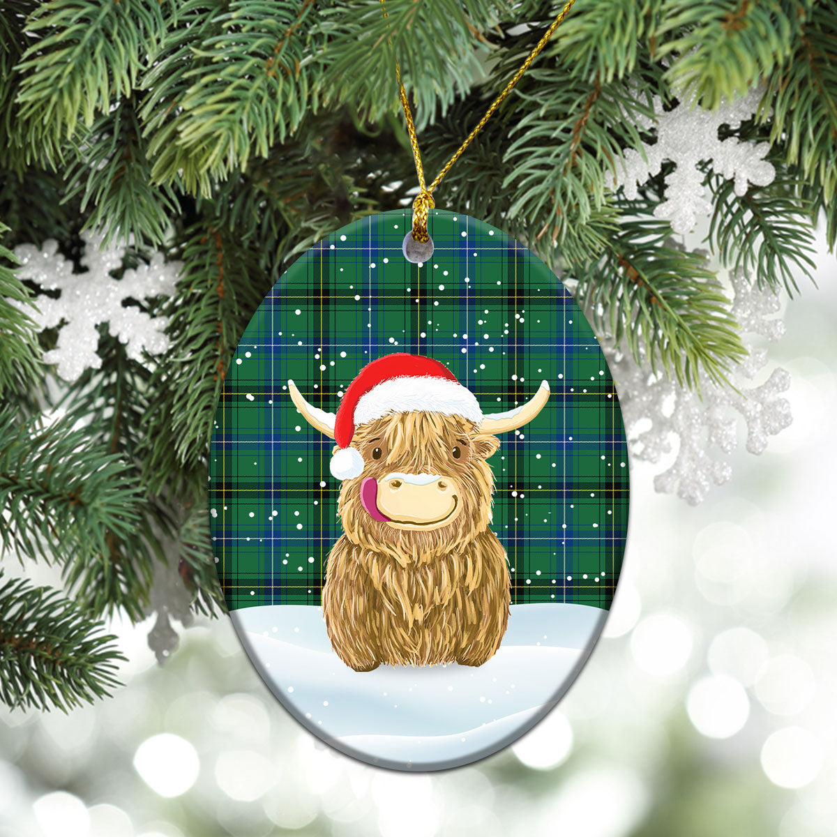 Henderson Ancient Tartan Christmas Ceramic Ornament - Highland Cows Style
