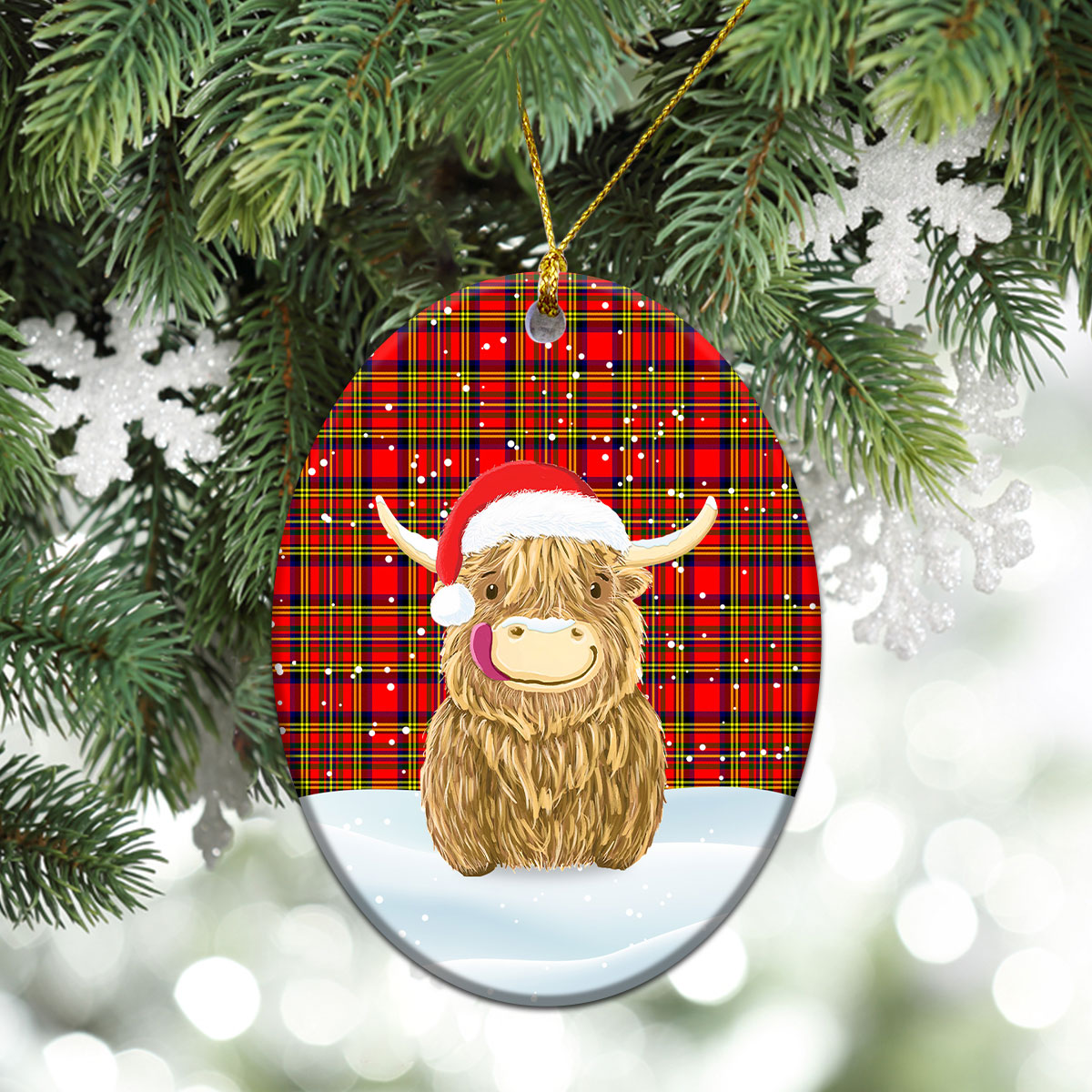 Hepburn Tartan Christmas Ceramic Ornament - Highland Cows Style