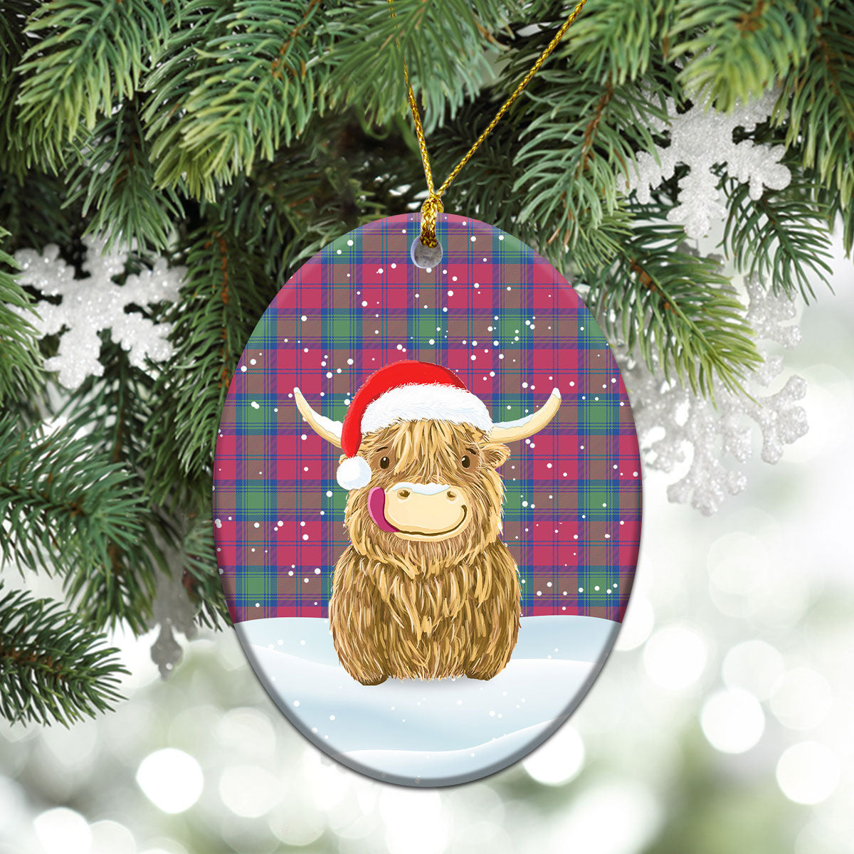 Lindsay Ancient Tartan Christmas Ceramic Ornament - Highland Cows Style