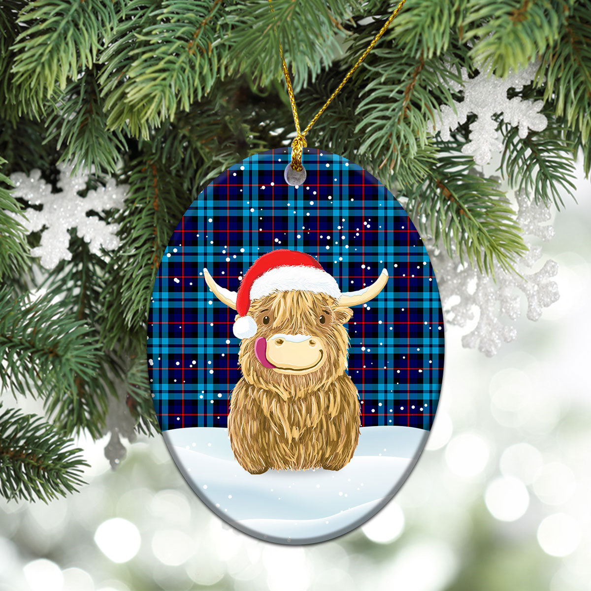 MacCorquodale Tartan Christmas Ceramic Ornament - Highland Cows Style