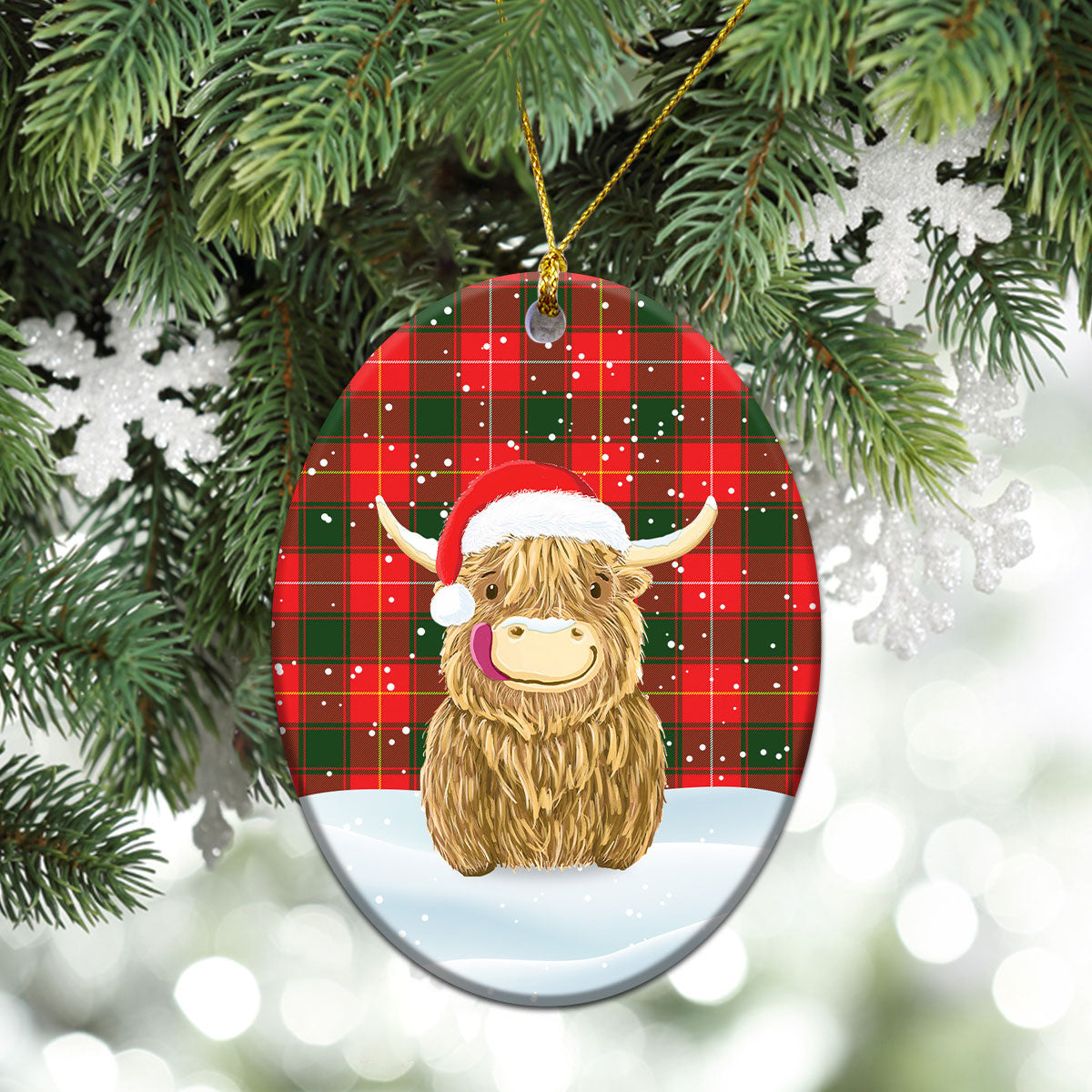 MacFie Tartan Christmas Ceramic Ornament - Highland Cows Style