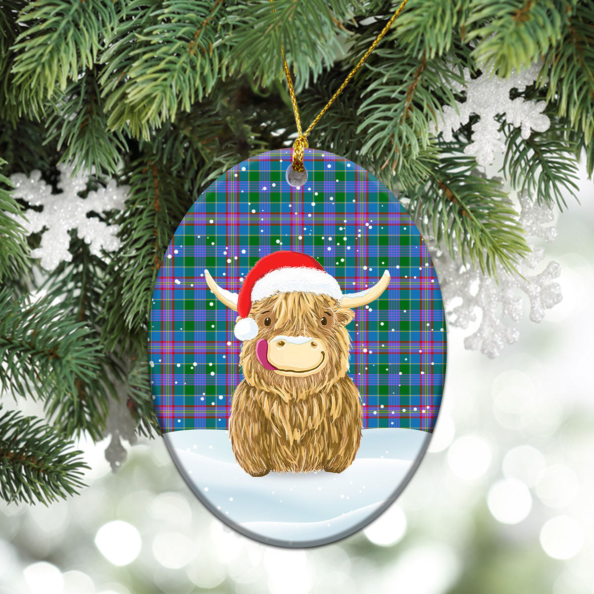 Pitcairn Hunting Tartan Christmas Ceramic Ornament - Highland Cows Style