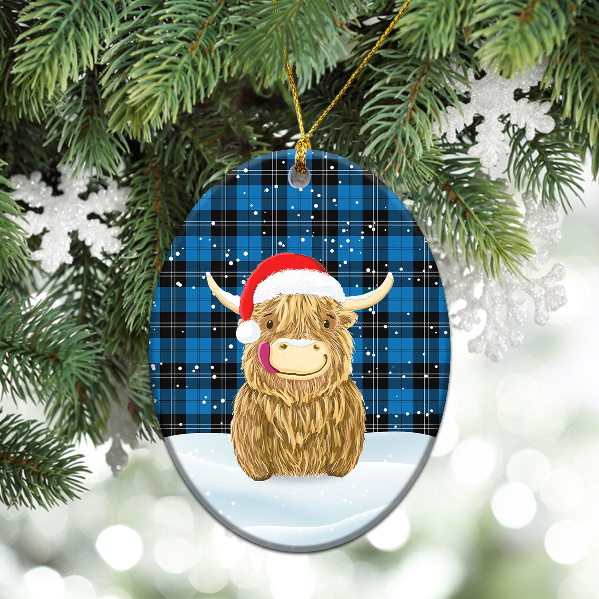 Ramsay Blue Ancient Tartan Christmas Ceramic Ornament - Highland Cows Style