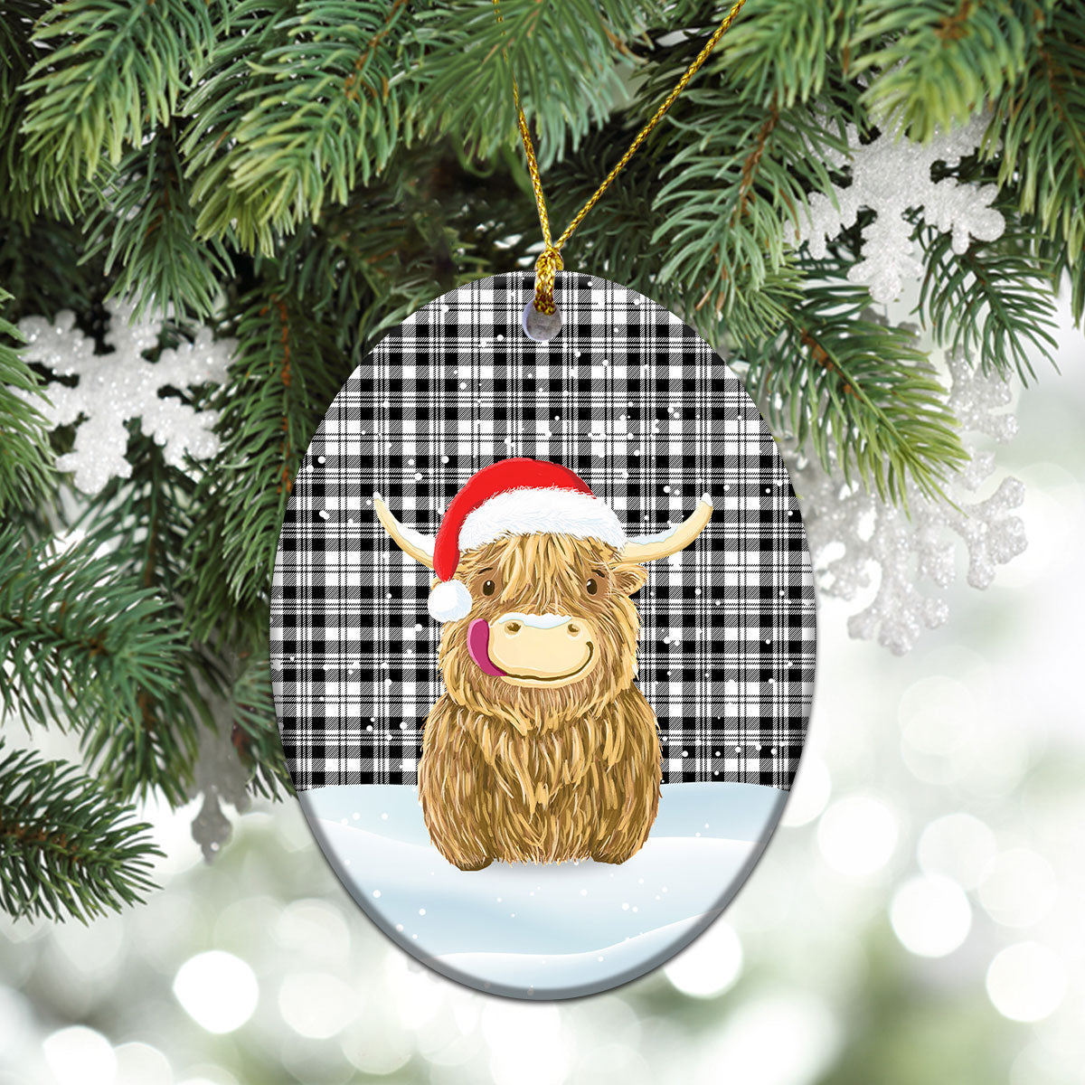 Scott Black & White Modern Tartan Christmas Ceramic Ornament - Highland Cows Style