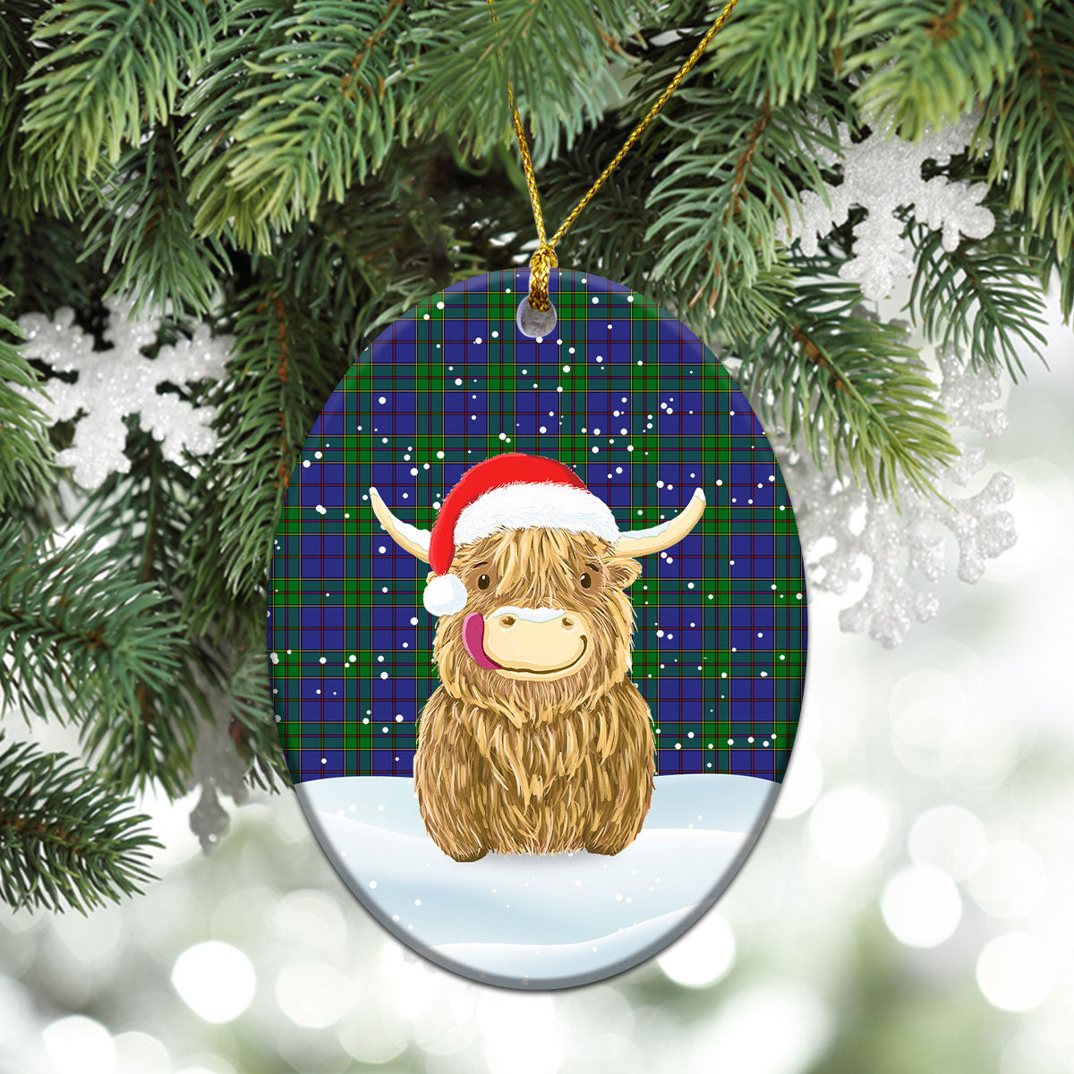 Strachan Tartan Christmas Ceramic Ornament - Highland Cows Style