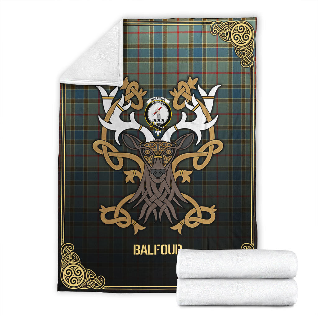 Balfour Blue Tartan Crest Premium Blanket - Celtic Stag style