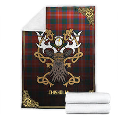 Chisholm Ancient Tartan Crest Premium Blanket - Celtic Stag style