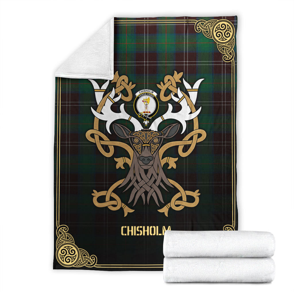 Chisholm Hunting Ancient Tartan Crest Premium Blanket - Celtic Stag style