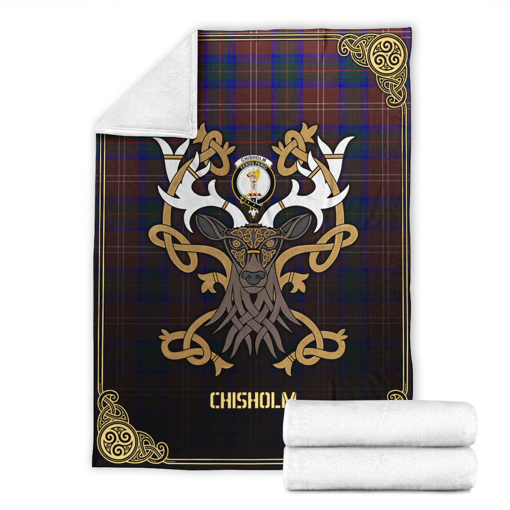 Chisholm Hunting Modern Tartan Crest Premium Blanket - Celtic Stag style