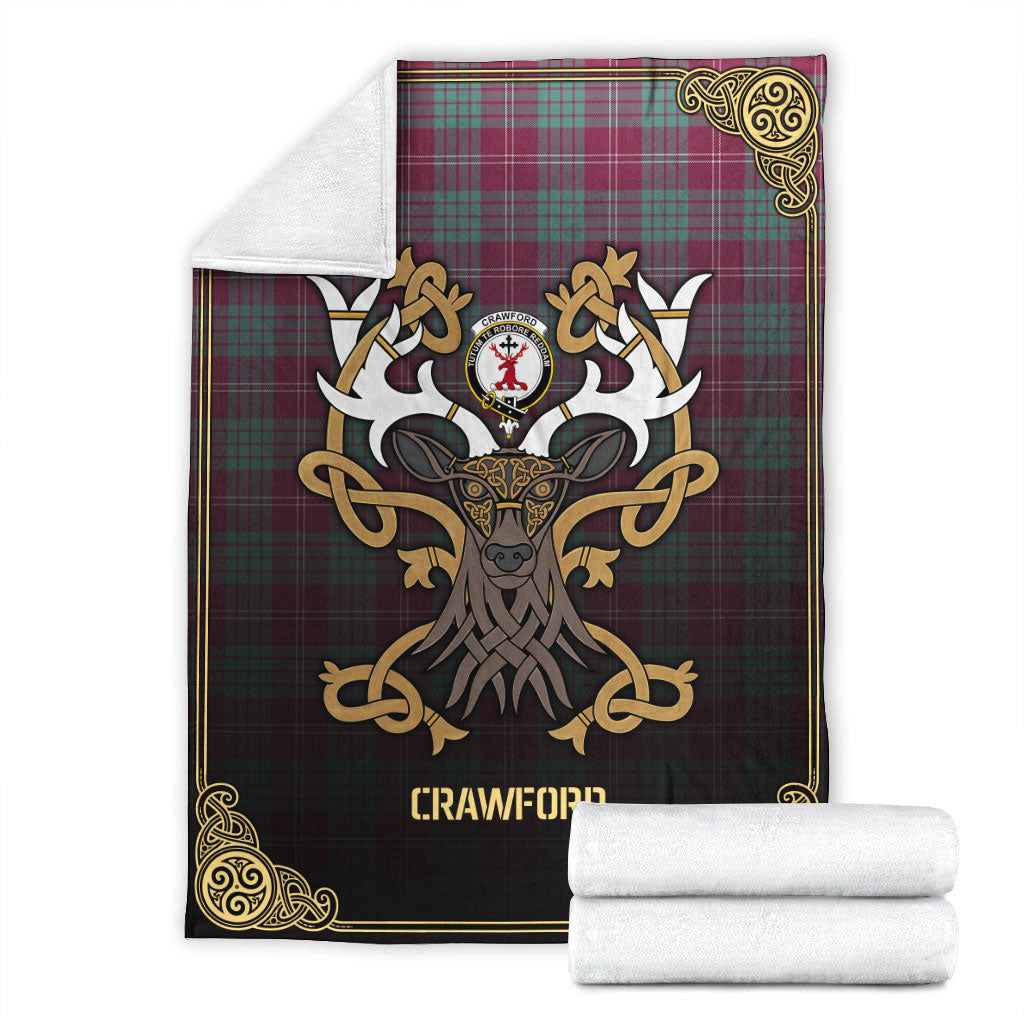 Crawford Ancient Tartan Crest Premium Blanket - Celtic Stag style