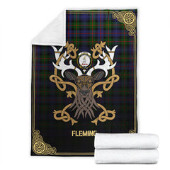 Fleming Tartan Crest Premium Blanket - Celtic Stag style