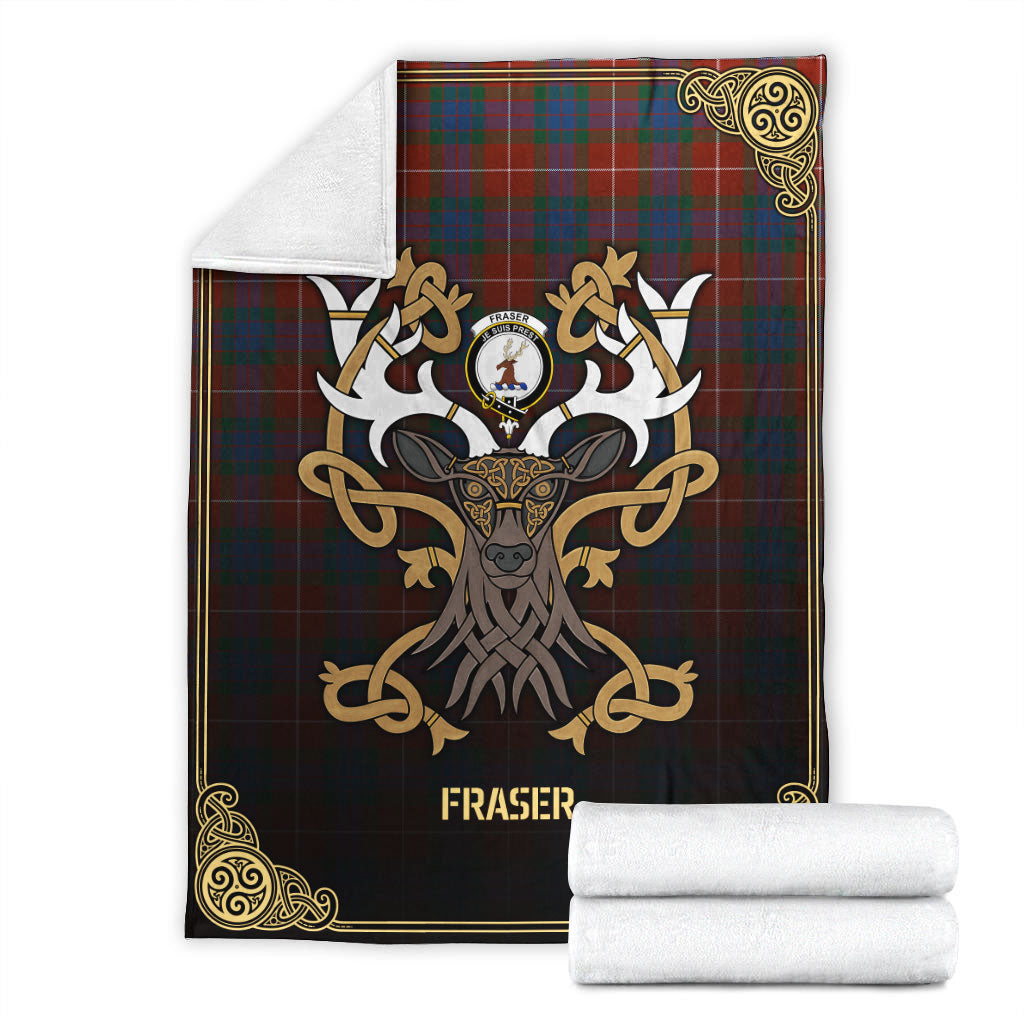 Fraser (of Lovat) Ancient Tartan Crest Premium Blanket - Celtic Stag style