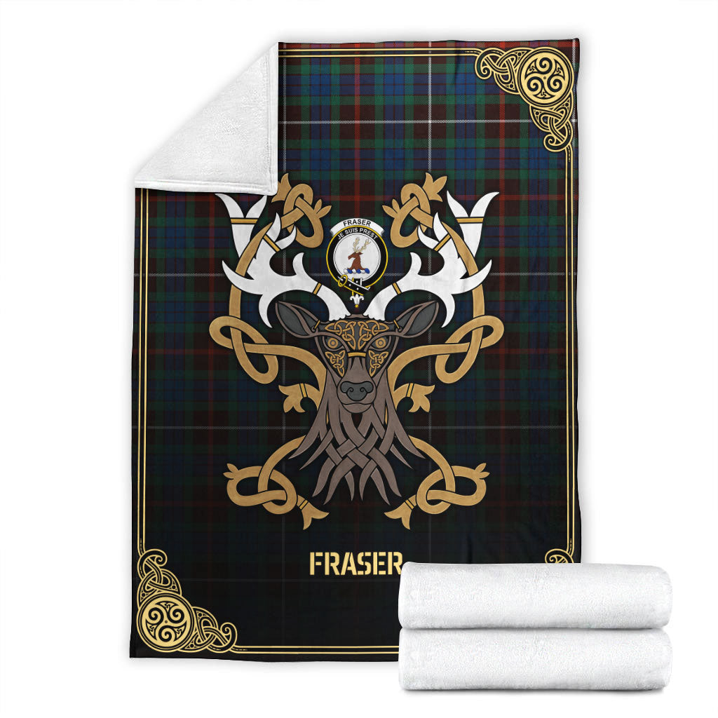 Fraser (of Lovat) Hunting Ancient Tartan Crest Premium Blanket - Celtic Stag style