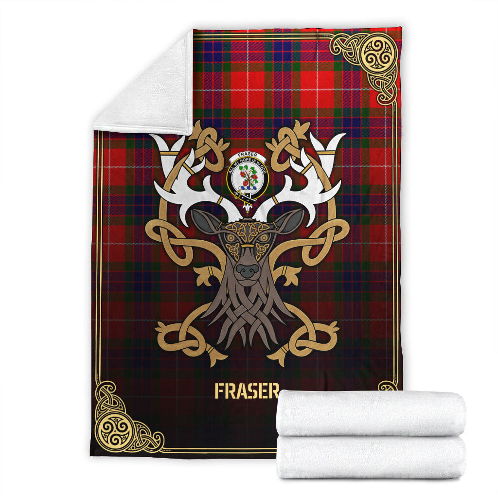Fraser Tartan Crest Premium Blanket - Celtic Stag style