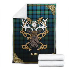 Gunn Ancient Tartan Crest Premium Blanket - Celtic Stag style