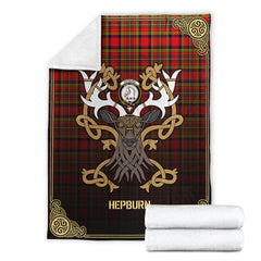 Hepburn Tartan Crest Premium Blanket - Celtic Stag style