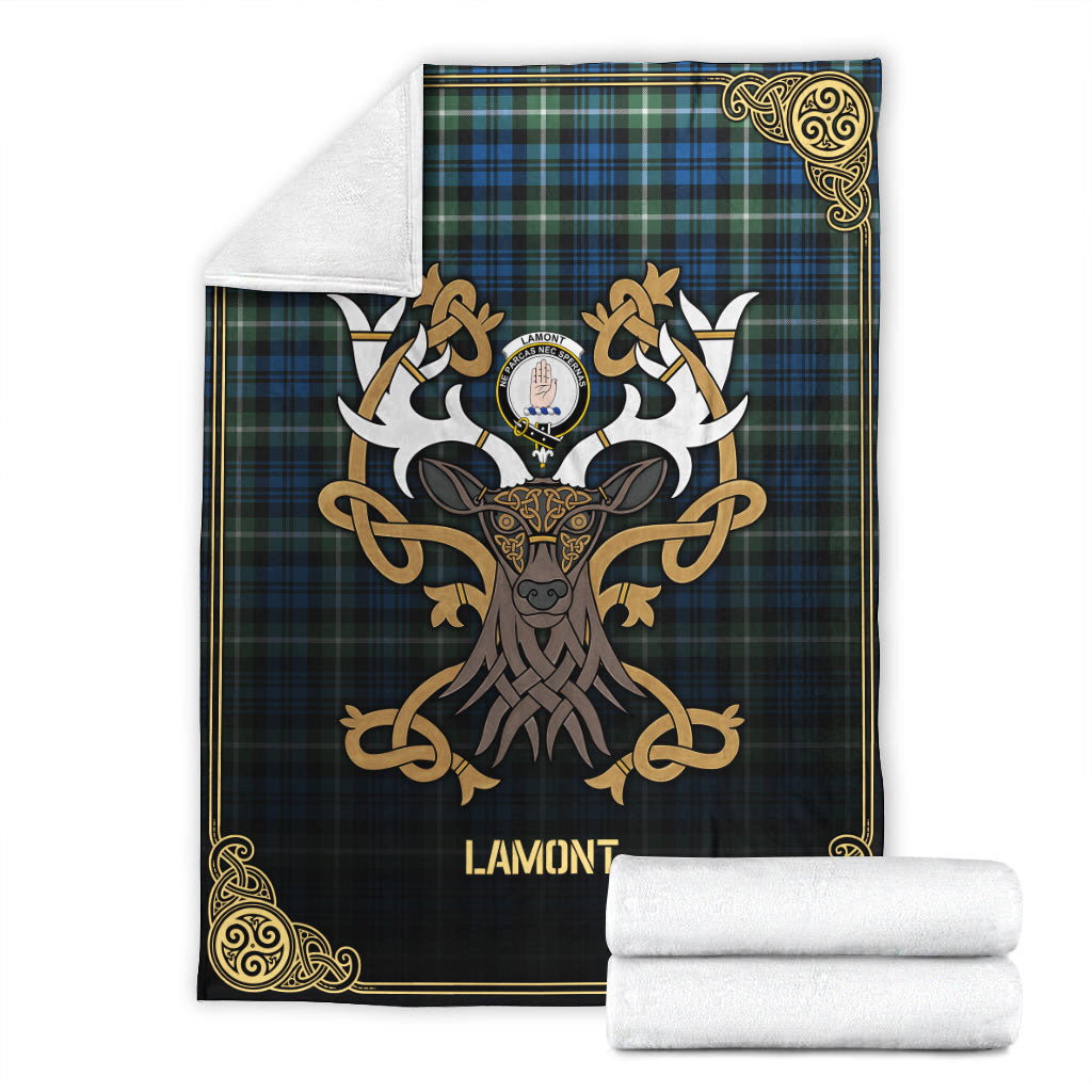 Lamont Ancient Tartan Crest Premium Blanket - Celtic Stag style