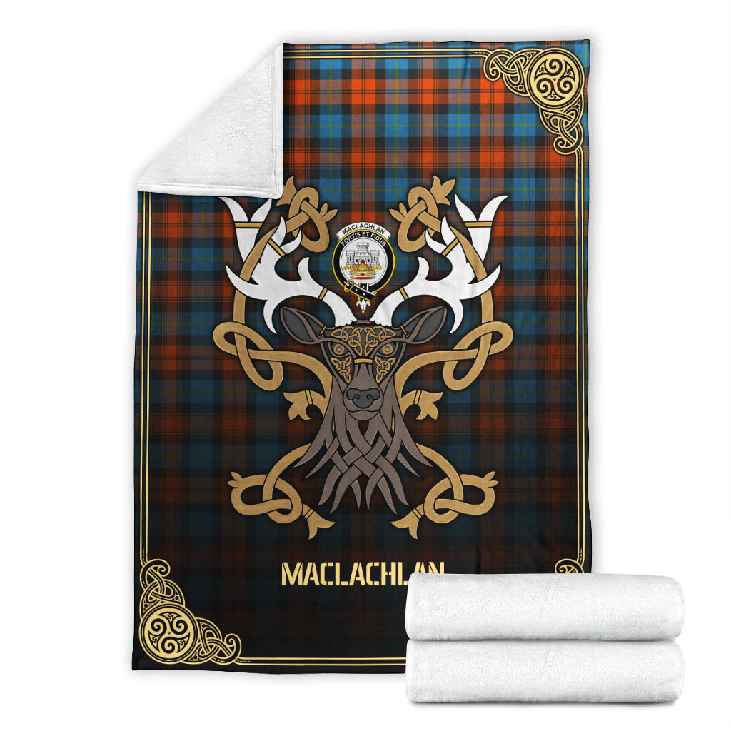 MacLachlan Ancient Tartan Crest Premium Blanket - Celtic Stag style