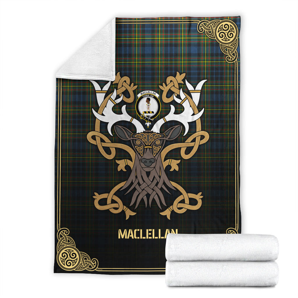 MacLellan Ancient Tartan Crest Premium Blanket - Celtic Stag style
