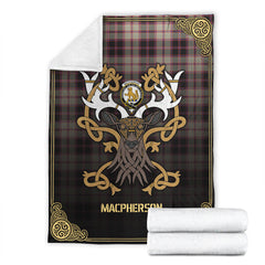 MacPherson Hunting Ancient Tartan Crest Premium Blanket - Celtic Stag style