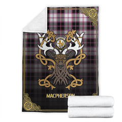 MacPherson Hunting Modern Tartan Crest Premium Blanket - Celtic Stag style