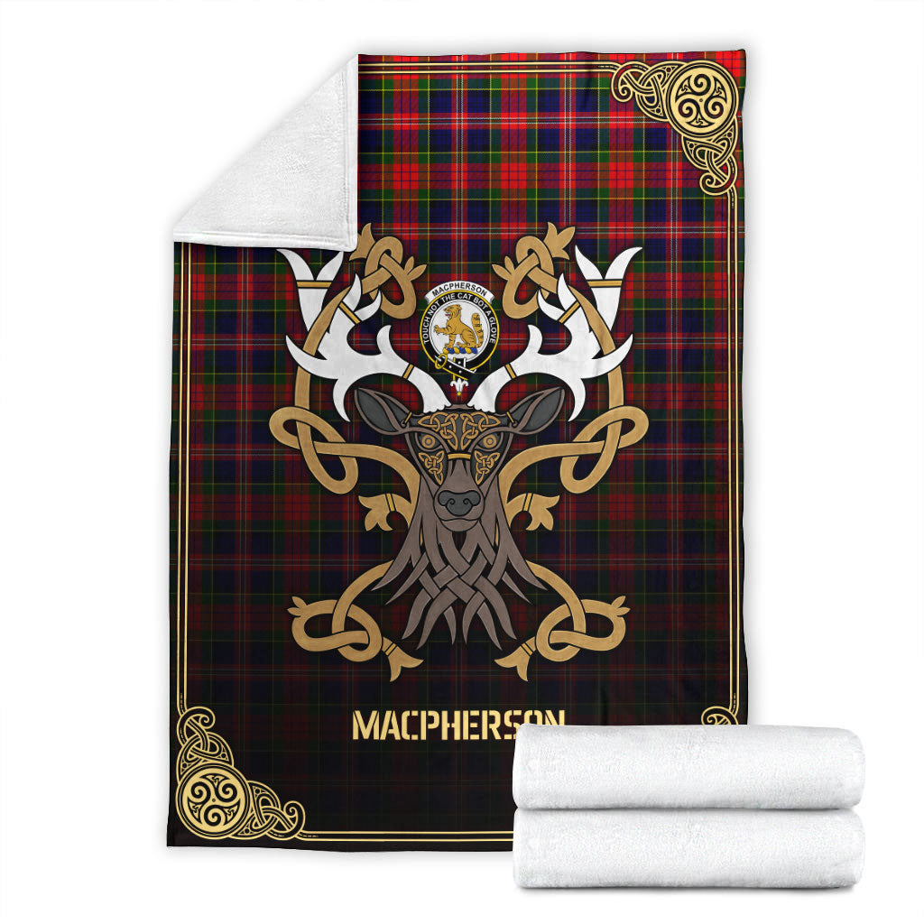 MacPherson Modern Tartan Crest Premium Blanket - Celtic Stag style