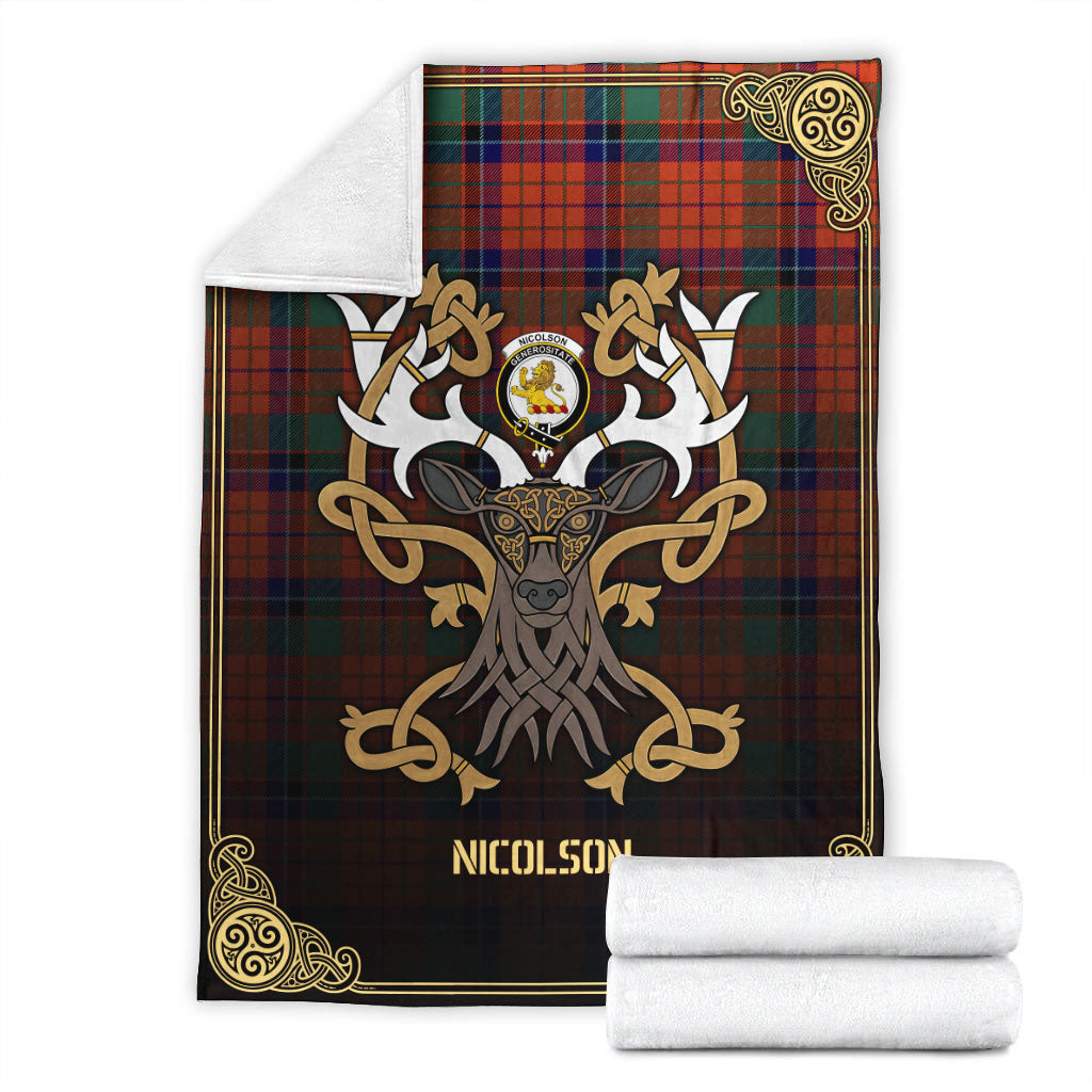 Nicolson Ancient Old Tartan Crest Premium Blanket - Celtic Stag style