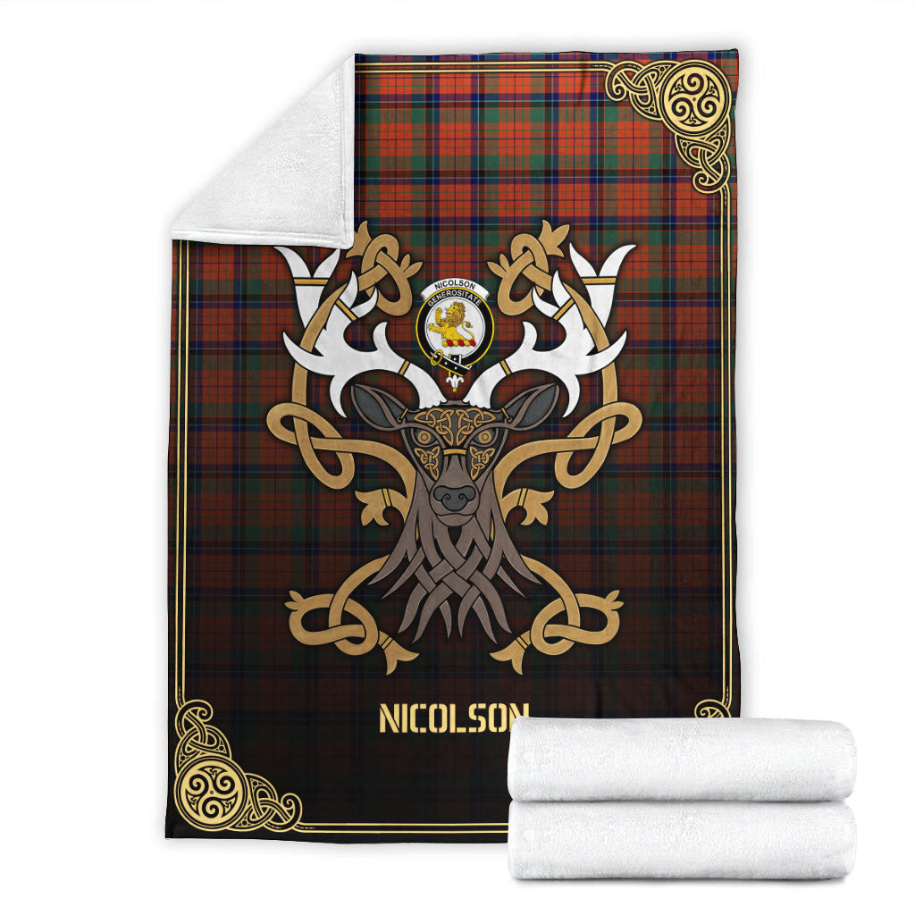 Nicolson Ancient Tartan Crest Premium Blanket - Celtic Stag style