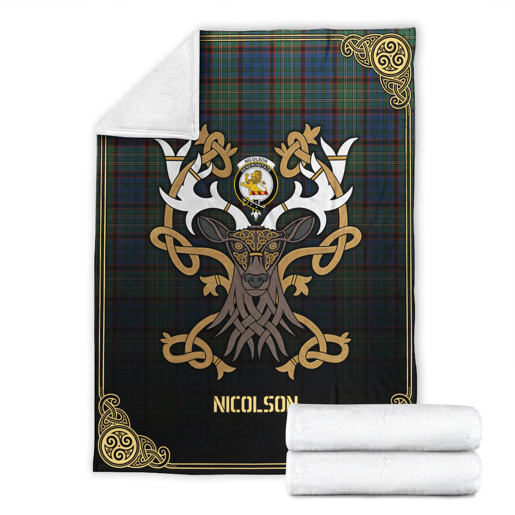 Nicolson Hunting Ancient Tartan Crest Premium Blanket - Celtic Stag style