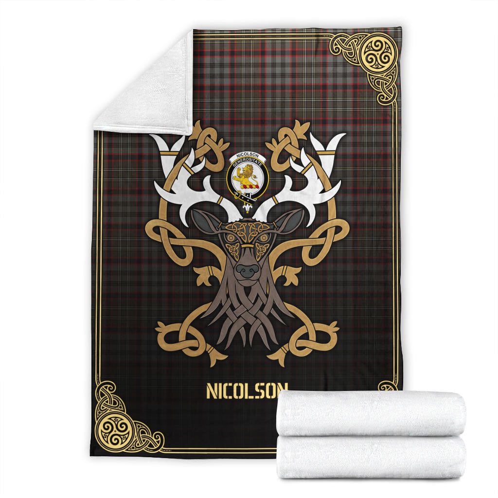 Nicolson Hunting Weathered Tartan Crest Premium Blanket - Celtic Stag style