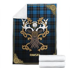 Ramsay Blue Ancient Tartan Crest Premium Blanket - Celtic Stag style